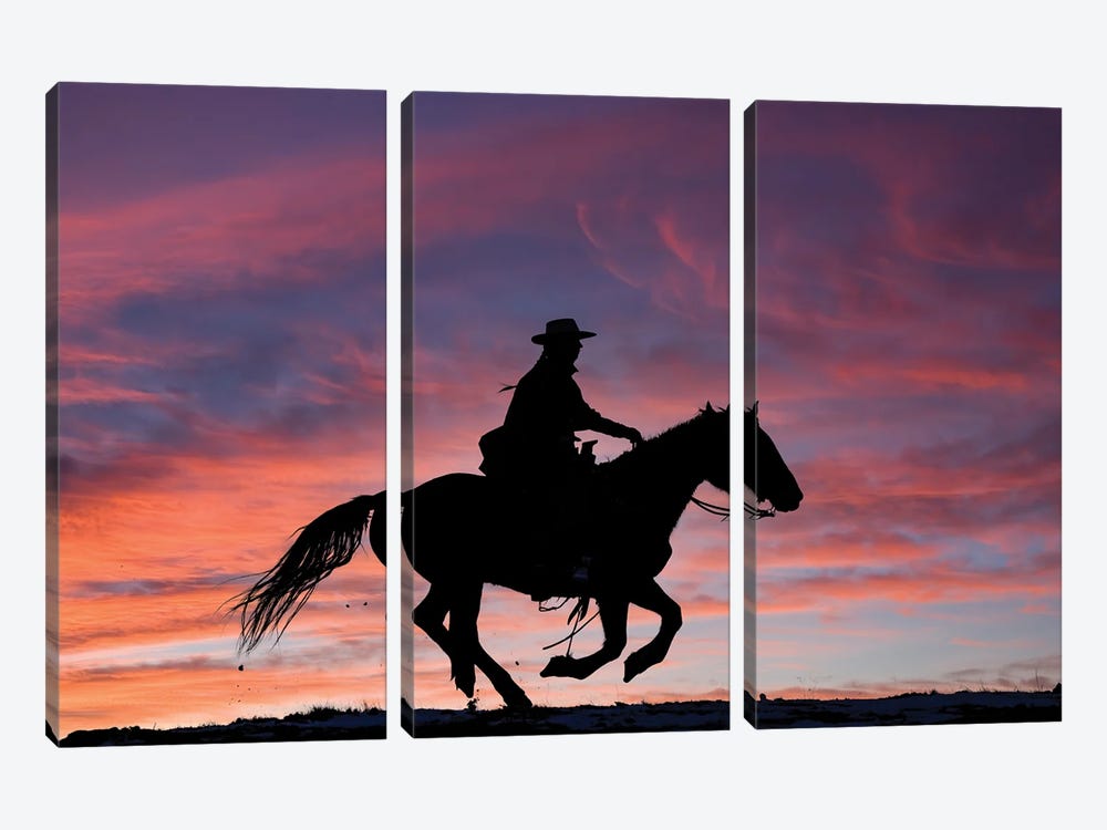 USA, Shell, Wyoming Hideout Ranch Cowgirl Silhouetted On Horseback At Sunset III by Darrell Gulin 3-piece Canvas Art Print
