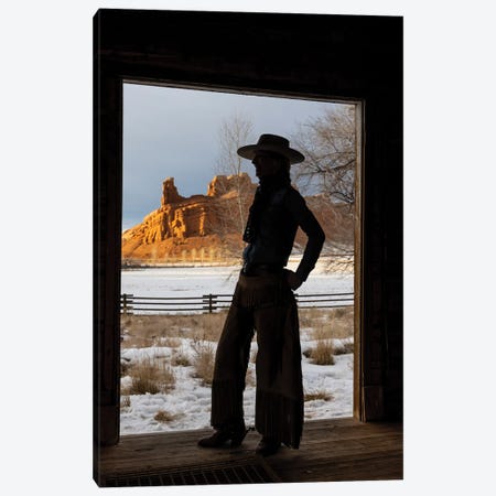 USA, Shell, Wyoming Hideout Ranch With Cowgirl Silhouetted In Doorway Of Log Cabin Canvas Print #DGU185} by Darrell Gulin Canvas Wall Art