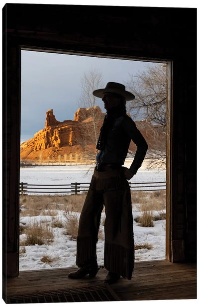 USA, Shell, Wyoming Hideout Ranch With Cowgirl Silhouetted In Doorway Of Log Cabin Canvas Art Print - Cowboy & Cowgirl Art