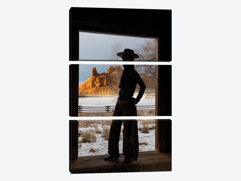 USA, Shell, Wyoming Hideout Ranch With Cowgirl Silhouetted In Doorway Of Log Cabin by Darrell Gulin 3-piece Canvas Art