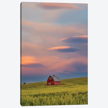 USA, Washington State, Palouse Springtime With Red Barn Surrounded By Yellow Canola Fields And Dramatic Skies Canvas Print #DGU189} by Darrell Gulin Art Print