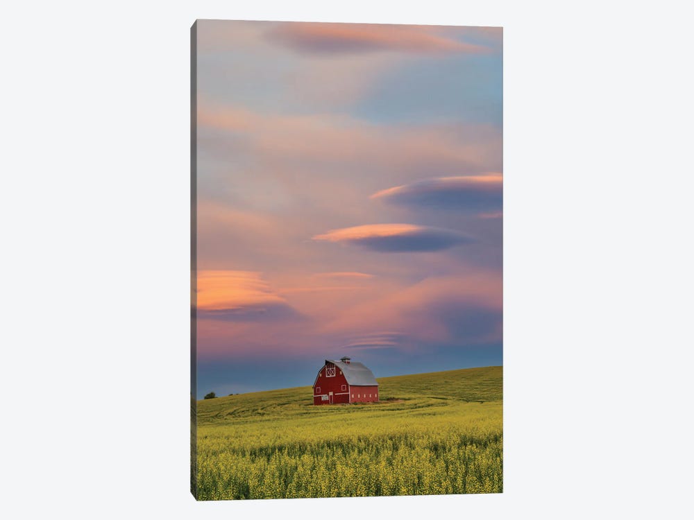 USA, Washington State, Palouse Springtime With Red Barn Surrounded By Yellow Canola Fields And Dramatic Skies by Darrell Gulin 1-piece Canvas Art