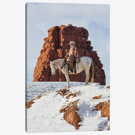 USA, Wyoming Hideout Ranch Cowgirl On Horseback Riding On Ridgeline Snow Canvas Print #DGU199} by Darrell Gulin Canvas Wall Art
