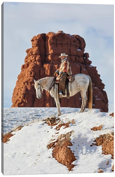 USA, Wyoming Hideout Ranch Cowgirl On Horseback Riding On Ridgeline Snow Canvas Art Print - Darrell Gulin