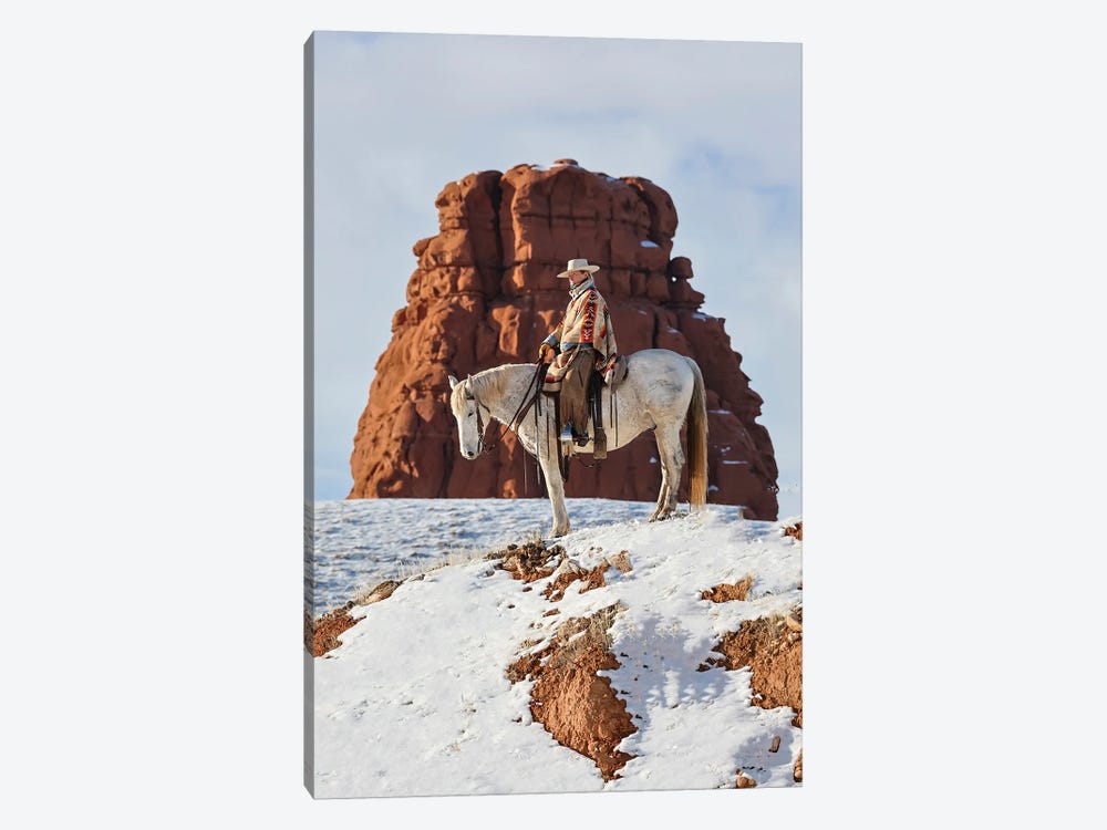 USA, Wyoming Hideout Ranch Cowgirl On Horseback Riding On Ridgeline Snow by Darrell Gulin 1-piece Canvas Art Print