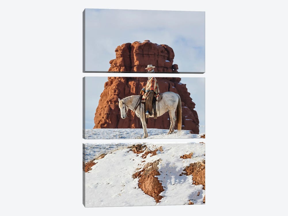 USA, Wyoming Hideout Ranch Cowgirl On Horseback Riding On Ridgeline Snow by Darrell Gulin 3-piece Art Print