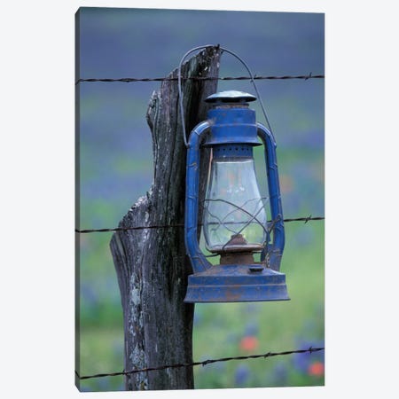 Blue Lantern Hanging On A Barbed Wire Fence Post, Lytle, Texas, USA Canvas Print #DGU51} by Darrell Gulin Canvas Art