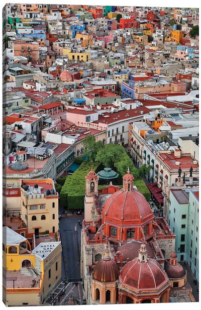 Guanajuato in Central Mexico. City overview in evening light with colorful buildings Canvas Art Print - Mexico Art