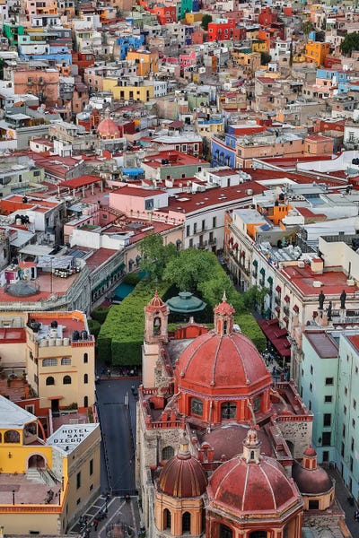 Guanajuato in Central Mexico I. City overview in evening light with colorful buildings