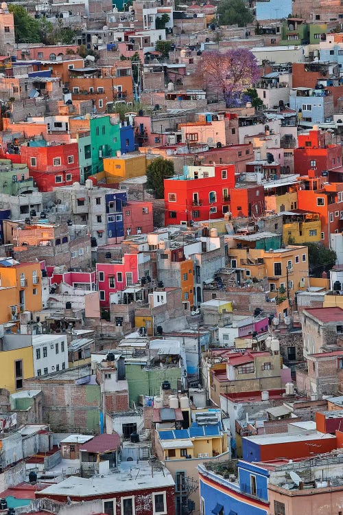 Guanajuato in Central Mexico. City overview in evening light with colorful buildings