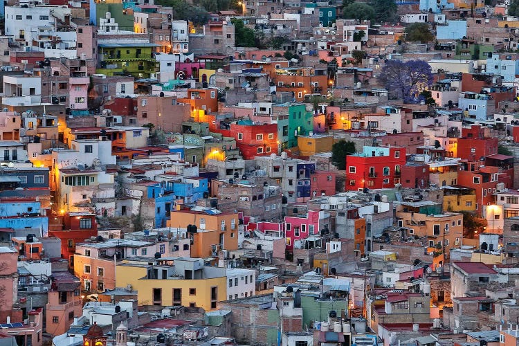 Guanajuato in Central Mexico. City overview in evening light with colorful buildings