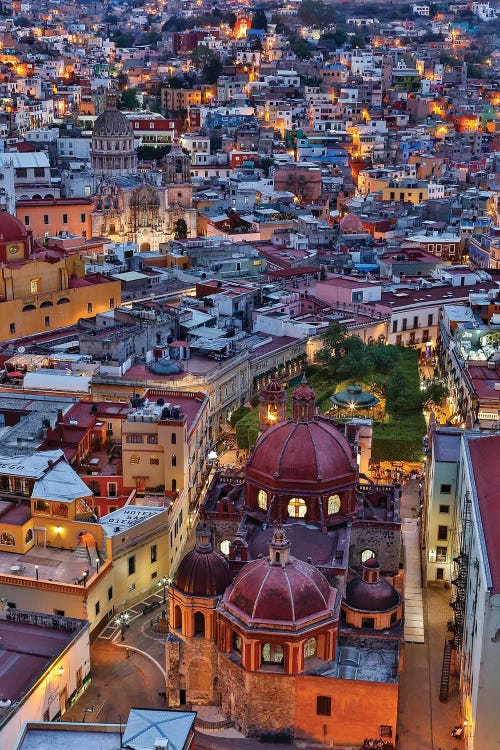 Guanajuato in Central Mexico. City overview in evening light with colorful buildings