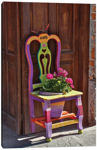 San Miguel De Allende, Mexico. Colorful painted chair planter Canvas Art Print - Furniture