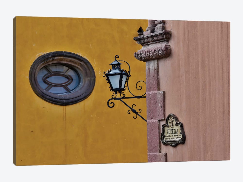 San Miguel De Allende, Mexico. Lantern and shadow on colorful buildings by Darrell Gulin 1-piece Canvas Print