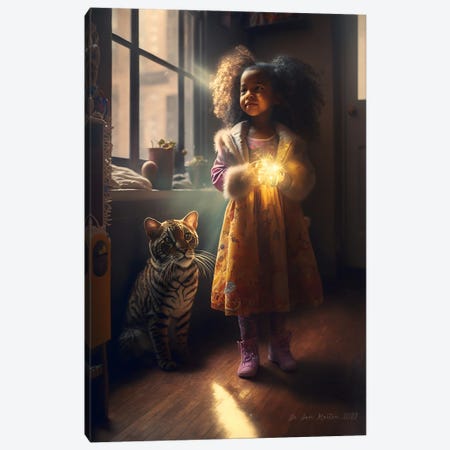 Young Girl And Feline Spirit Animal III Canvas Print #DGW103} by Digital Wild Art Canvas Artwork