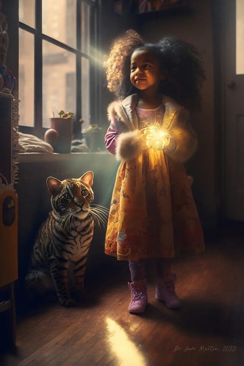 Young Girl And Feline Spirit Animal III