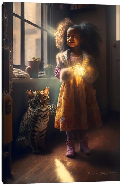 Young Girl And Feline Spirit Animal III Canvas Art Print - Digital Wild Art
