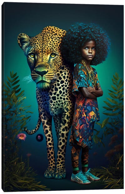 Young Girl And Feline Spirit Animal II Canvas Art Print - African Culture