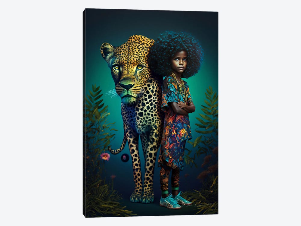 Young Girl And Feline Spirit Animal II by Digital Wild Art 1-piece Canvas Art Print