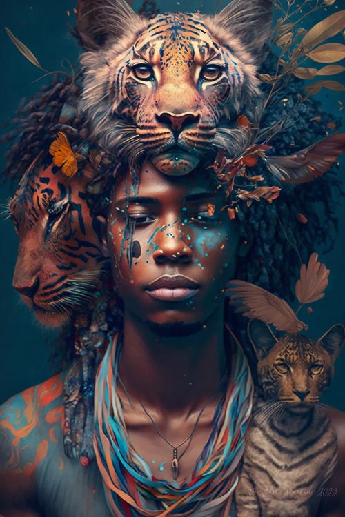 Young Man And Feline Spirit II