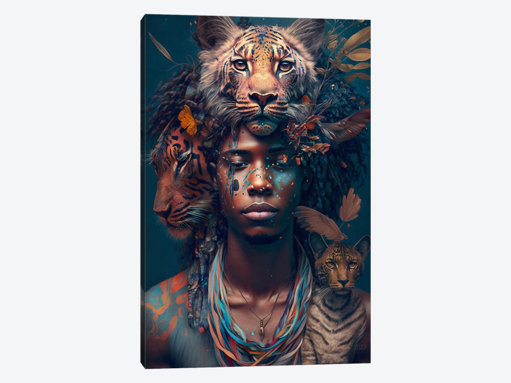 Young Man And Feline Spirit Animal II by Digital Wild Art 1-piece Art Print