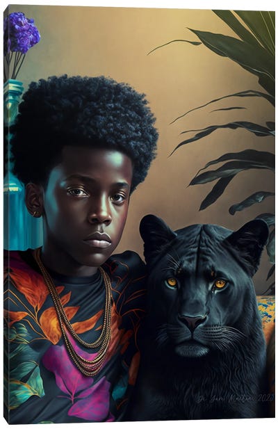 Afrofuturist African Boy - Blackpanther Spirit Animal I Canvas Art Print - Digital Wild Art