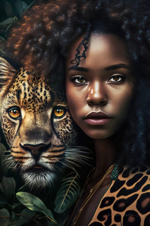 Young Woman And Feline Spirit I