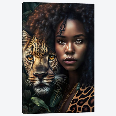 Young Woman And Feline Spirit Animal I Canvas Print #DGW110} by Digital Wild Art Canvas Print