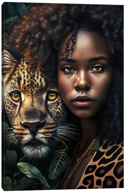 Young Woman And Feline Spirit Animal I Canvas Art Print - Wild Spirit