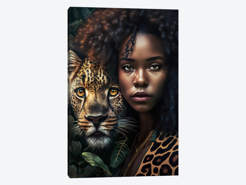 Young Woman And Feline Spirit Animal I by Digital Wild Art 1-piece Canvas Artwork