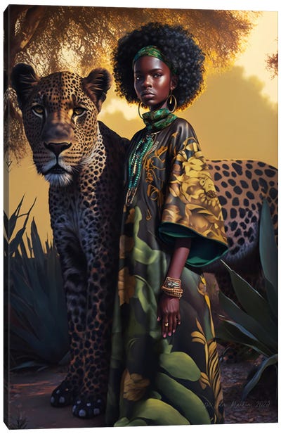 Young Woman And Feline Spirit Animal II Canvas Art Print - African Culture