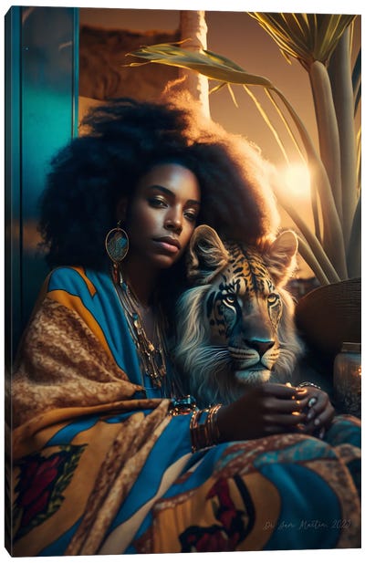 Young Woman And Feline Spirit Animal III Canvas Art Print - Digital Wild Art