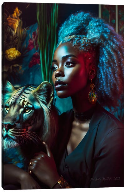 Young Woman And Feline Spirit Animal V Canvas Art Print - Wild Spirit