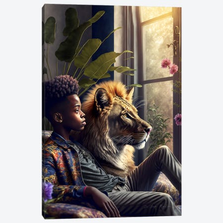 Afrofuturist African Boy - Lion Spirit Animal I Canvas Print #DGW11} by Digital Wild Art Canvas Art