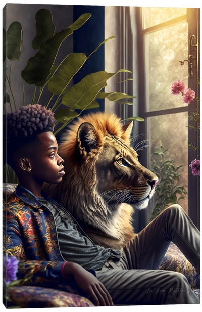 Afrofuturist African Boy - Lion Spirit Animal I Canvas Art Print - Wild Spirit