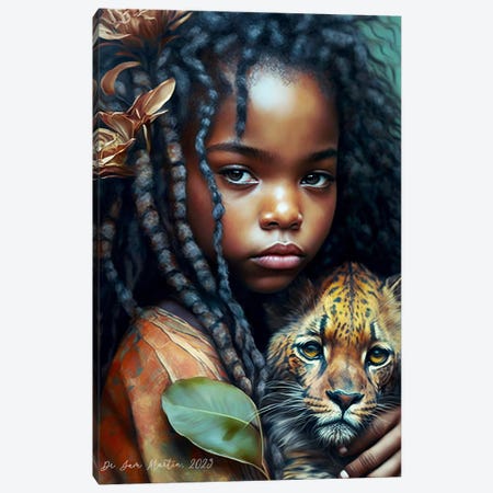 Young Girl And Feline Spirit Animal I Canvas Print #DGW1} by Digital Wild Art Canvas Art Print