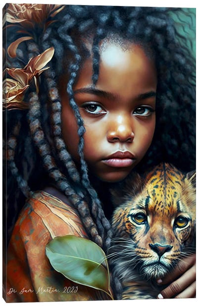 Young Girl And Feline Spirit Animal I Canvas Art Print - Wild Spirit