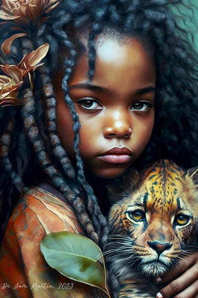 Young Girl And Feline Spirit I