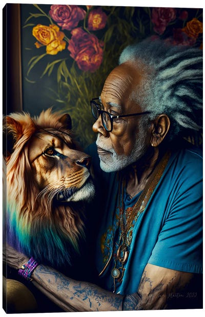 Afrofuturist African Man - Feline Spirit Animal II Canvas Art Print - Digital Wild Art