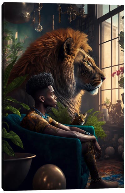 Afrofuturist African Man - Feline Spirit Animal III Canvas Art Print - Digital Wild Art