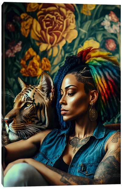 Afrofuturist African Woman - Feline Spirit Animal I Canvas Art Print - Afrofuturism