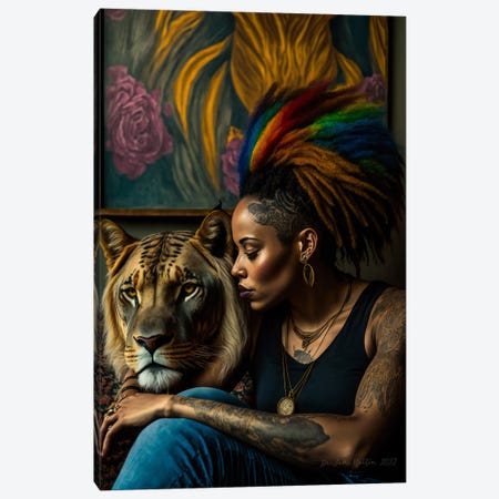 Afrofuturist African Woman - Feline Spirit Animal II Canvas Print #DGW44} by Digital Wild Art Canvas Art