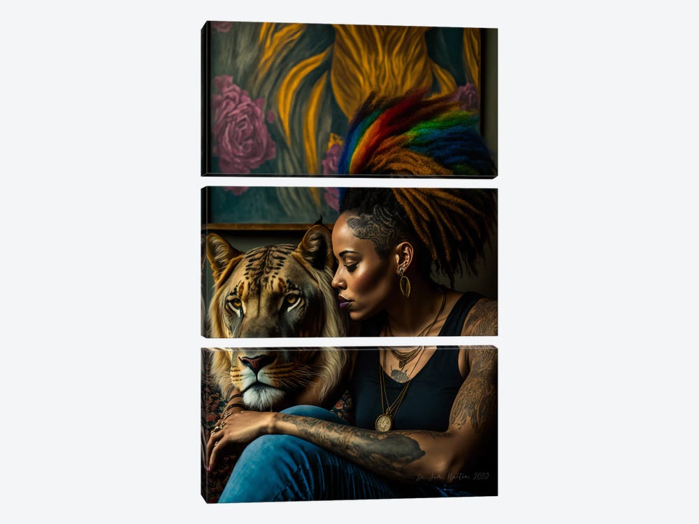 Afrofuturist African Woman - Feline Spirit Animal II by Digital Wild Art 3-piece Canvas Print