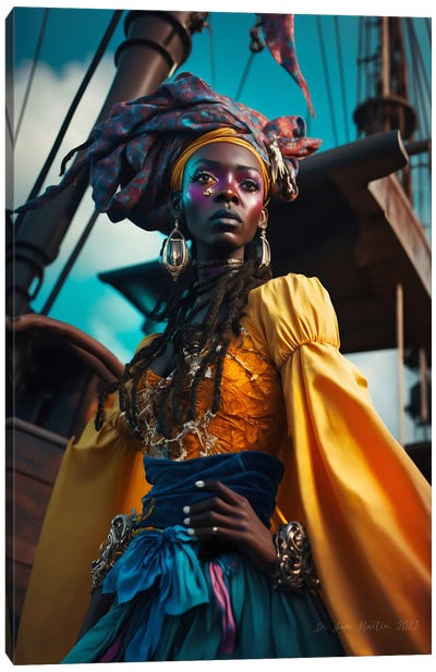Afrofuturist African Woman Pirate I Canvas Art Print - Orange & Teal