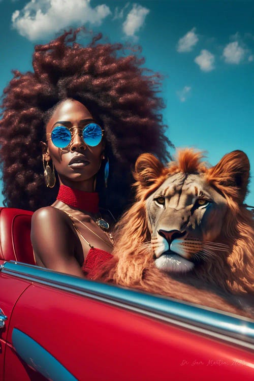 Afrofuturist African Woman In Red Car, With Lion Spirit Animal