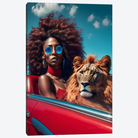 Afrofuturist African Woman In Red Car, With Lion Spirit Animal Canvas Print #DGW50} by Digital Wild Art Canvas Art
