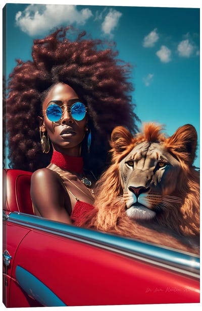 Afrofuturist African Woman In Red Car, With Lion Spirit Animal Canvas Art Print - Lion Art