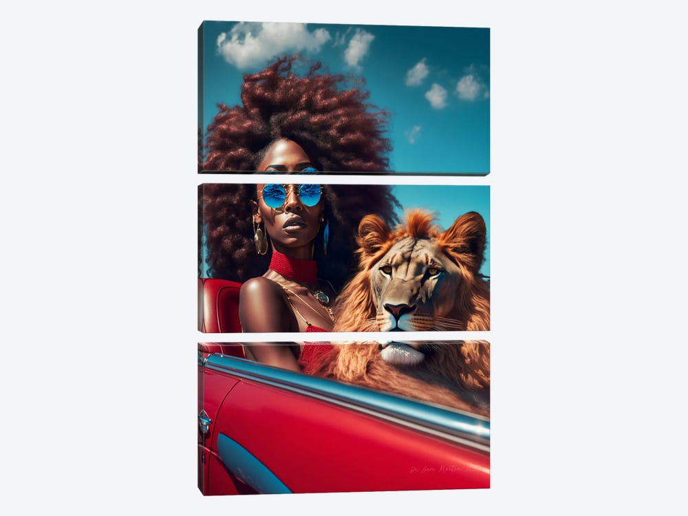 Afrofuturist African Woman In Red Car, With Lion Spirit Animal by Digital Wild Art 3-piece Canvas Wall Art