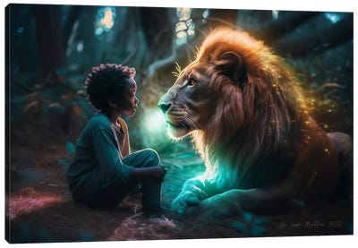 Boy And Feline Spirit Animal I Canvas Art Print - Lion Art