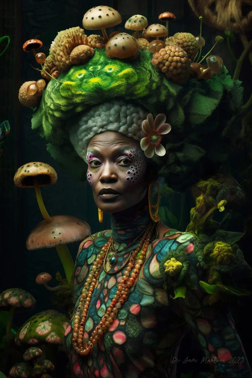 Retro Futurist African Grandma - Mushrooms II